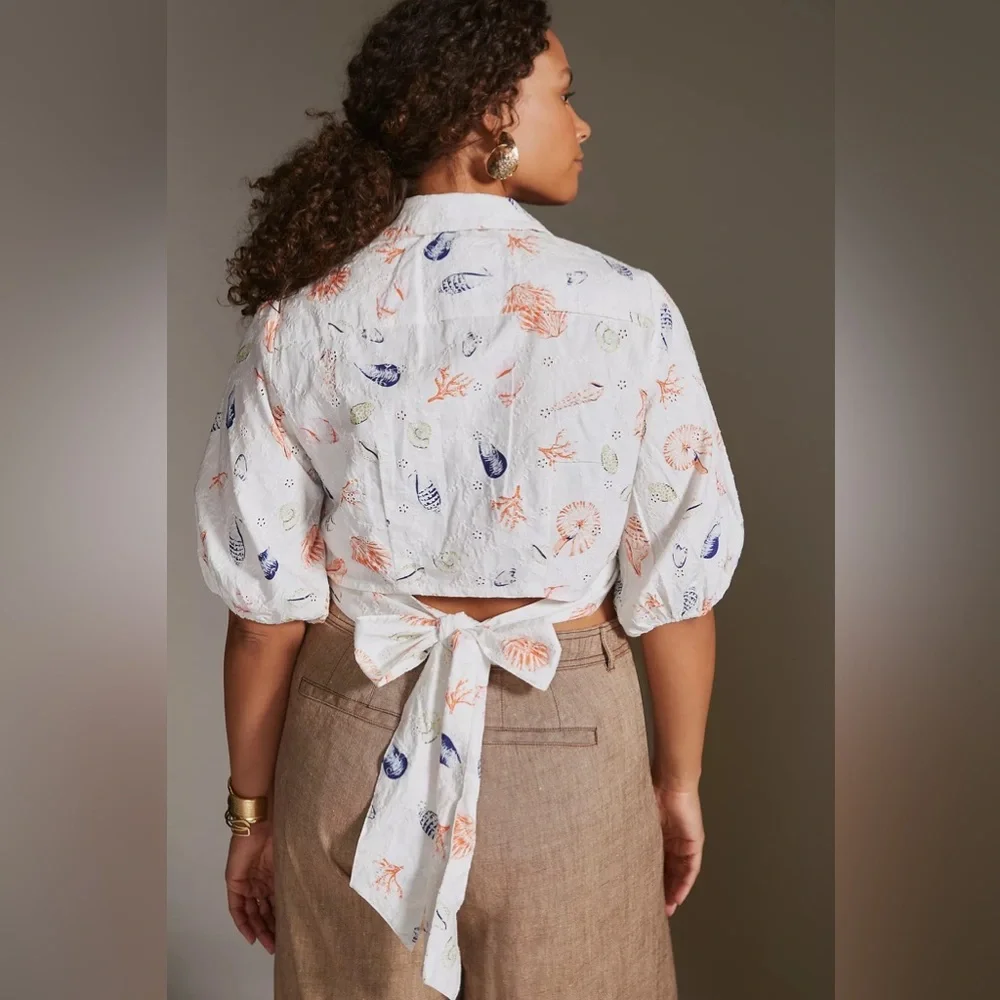Seashell Embroidered Eyelet Puff-Sleeve Wrap Top